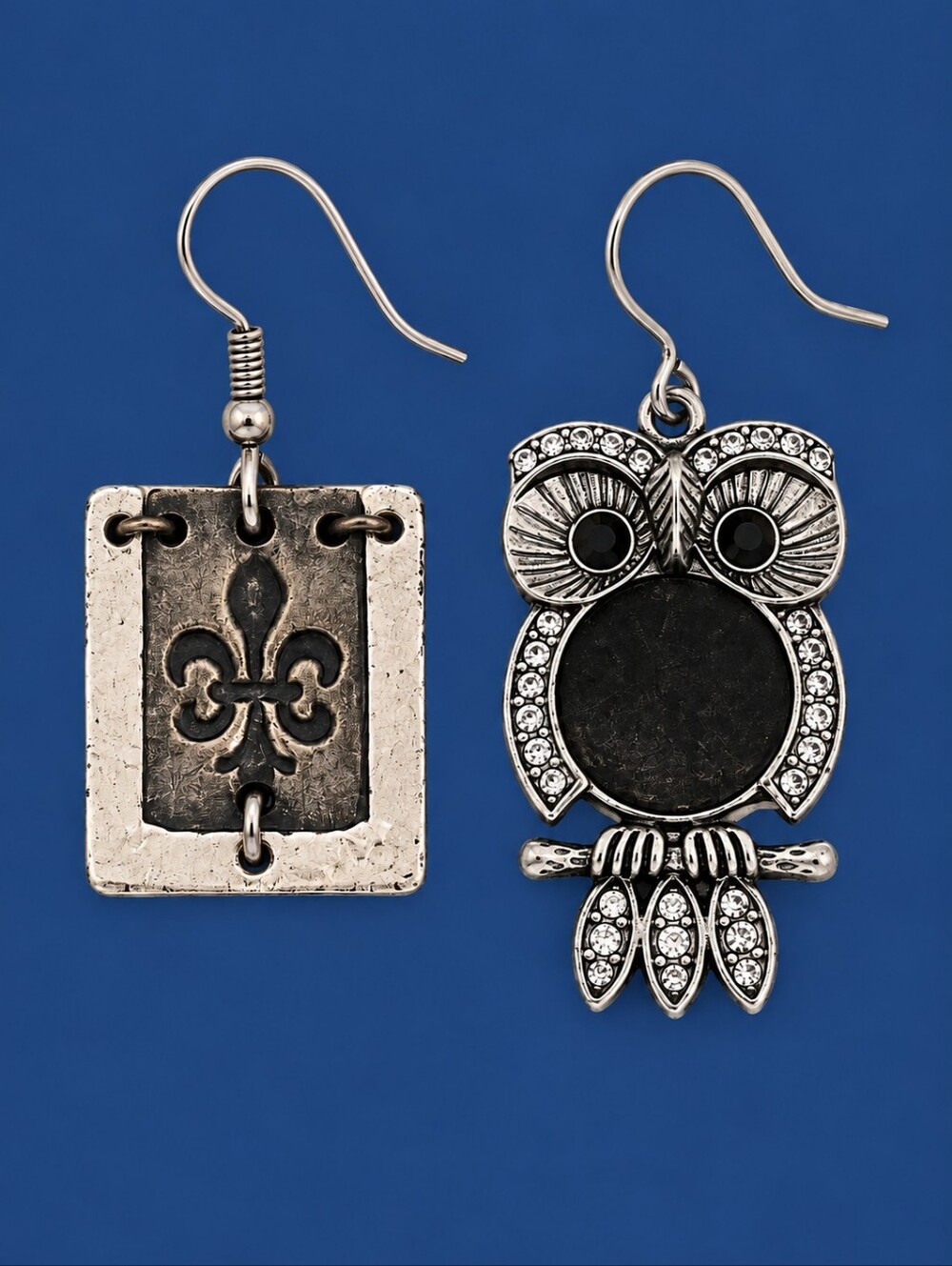 Vintage Silver-Tone Owl & Fleur d Lis Mismatched Earrings